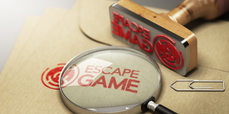 A picture of a brown envelope with enigma inside and the word escape game stamped on it